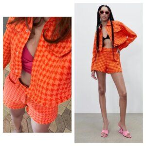 Zara Orange Houndstooth Matching Set Crop Jacket Shorts XXL